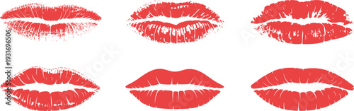 Red Lipstick Kiss Prints Collection, Romantic Lips Marks Set for Beauty Fashion and Valentines Design, Flat Vector Illustration