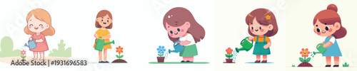 vector of a little girl watering a flower in spring
