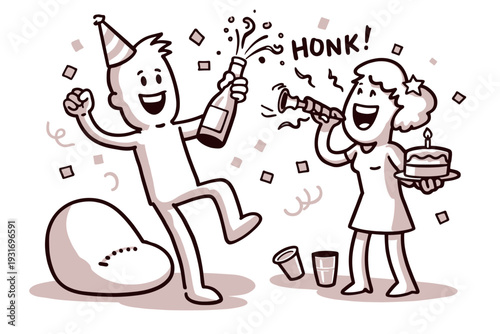 Happy birthday party celebration with champagne and cake cartoon vector illustration