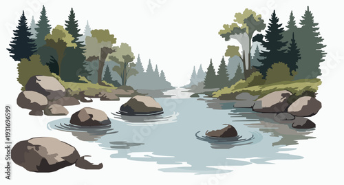 Watercolor Forest River Vector Illustration with Rocks and Trees on White Background