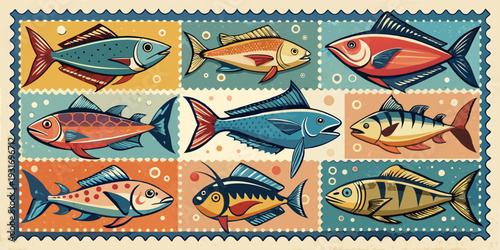 Colorful vintage fish postage stamp collection for any design needs