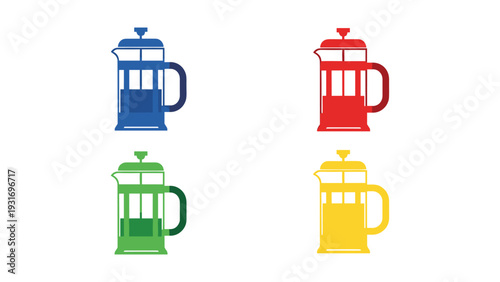 Four colorfully designed french press coffee makers arranged in a grid
