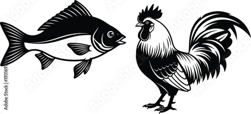 Black and white illustration of a fish and a rooster, domestic farm animal and aquatic sea life icons, isolated set,