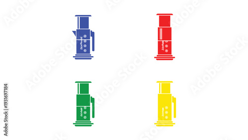Four stylized thermos bottles displayed in different colors and designs