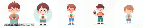 vector of a little boy holding a flower in a small pot