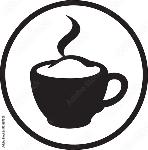 A simple illustration of a steaming coffee cup inside a circular border