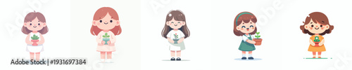 vector of a little girl holding a flower in a small pot