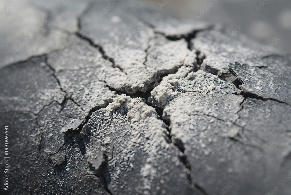 Fototapeta premium Extreme macro photography of severely sun-damaged brittle plastic cracking with powdery white texture