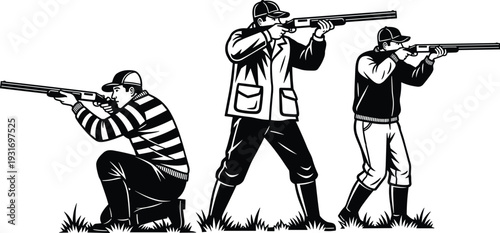 Black and white illustration of three men hunting with shotguns, hunters in various positions on grass field, outdoor sporting icons,