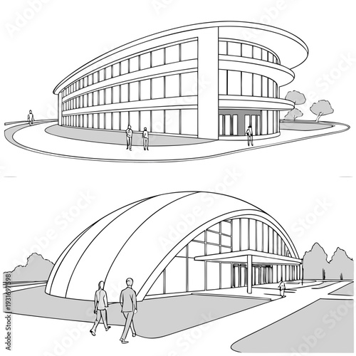 Futuristic campus buildings with curved organic shapes