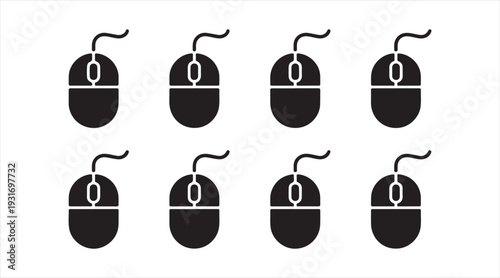 Computer mouse icon set with wired mouse device symbols black silhouette vector collection isolated on white background