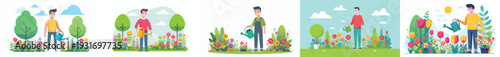 vector of a man happily watering flowers in spring
