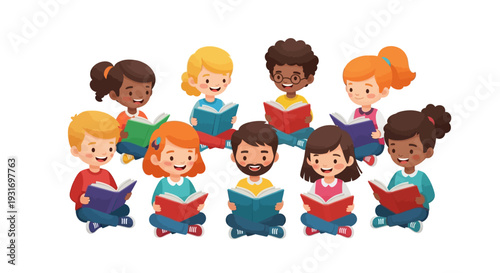 Illustration of diverse children sitting and reading books on Read Across America Day with a colorful and joyful design.