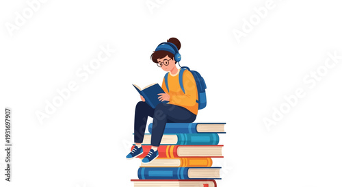 Illustration of a young student sitting on stacked books with a tablet on Read Across America Day with a colorful design and a joyful mood against a clean white background.