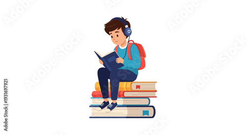 Illustration of a child sitting on stacked books, wearing headphones and reading a tablet on Read Across America Day with a colorful design, conveying a joyful and educational mood.