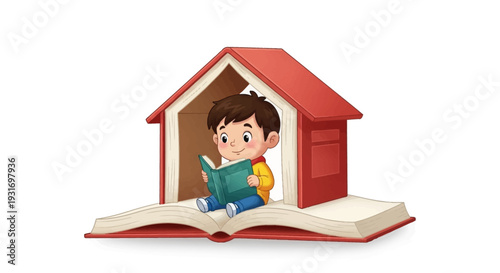 A cheerful young boy reads a book inside a house-shaped structure built on top of an open book, celebrating Read Across America Day with a playful and educational scene.