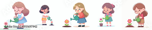 vector of a little girl watering a flower in spring