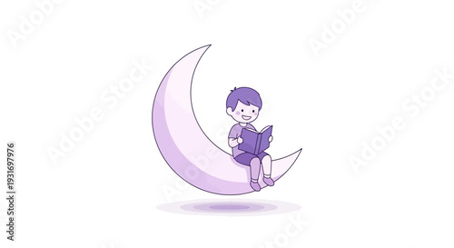 A cartoon child character sitting on a crescent moon, reading a book, with a gentle and dreamy mood in a simple, flat design illustration.