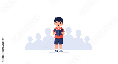 A young boy holding a book standing in front of a group of people on Read Across America Day with a simple illustration design.