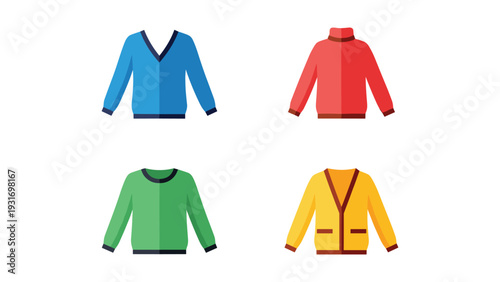 Four stylish sweaters in different colors and designs displayed side by side