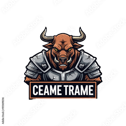 Mighty bull character in silver armor with CEAME TRAME text, powerful horned beast, isolated white background.