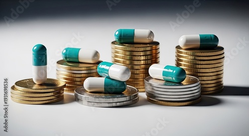 Pills on stacks of coins representing healthcare costs and financial concepts