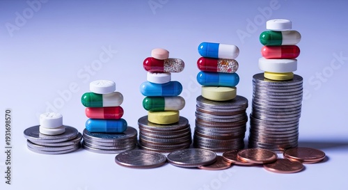 Pills stacked on coins concept of healthcare costs and financial growth