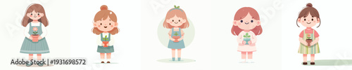 vector of a little girl holding a flower in a small pot