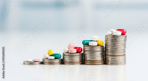 Rising cost of healthcare coins and pills representing financial growth