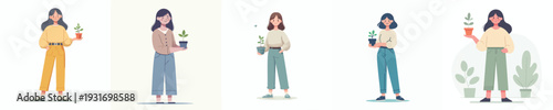vector of a woman holding a flower in a small pot