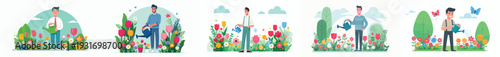 vector of a man happily watering flowers in spring