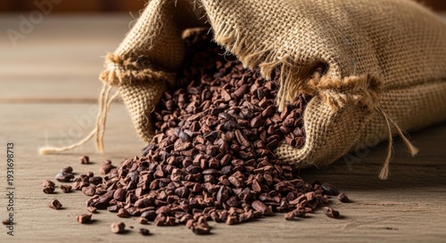 Cocoa beans spilling from a burlap sack onto a wooden surface, viewed from a close-up perspective