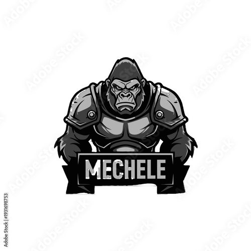 Powerful Armored Gorilla Mascot with Aggressive Expression and Blank Banner Below, Strong Primate Character, Isolated White Background.