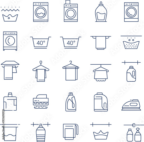 Vector laundry care icons set with washing machine, detergent, drying methods, ironing symbols, clothing label instructions, and household cleaning illustration