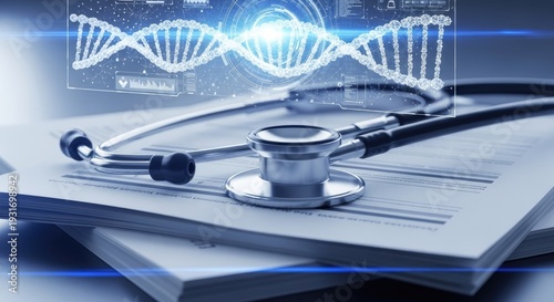 Stethoscope on documents with dna strands graphic for medical and scientific concepts