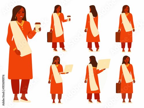 Indian women in traditional attire with modern accessories illustrated in various poses