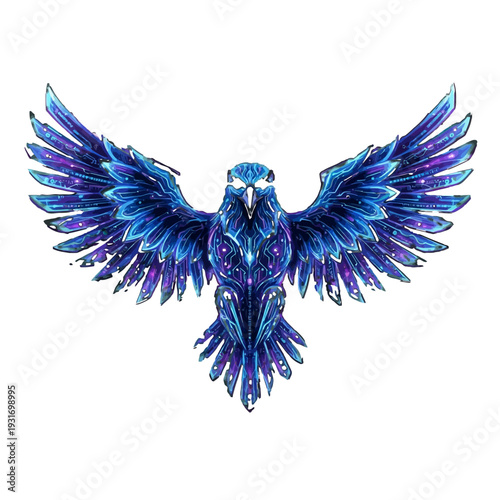 Majestic Futuristic Cosmic Eagle with Spreading Wings and Starry Pattern on Isolated White Background