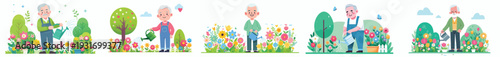vector of a grandpa happily watering flowers in spring