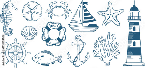 Playful hand-sketched nautical vector set including vintage ships, anchors, shells, steering wheels, and retro marine elements in clean doodle style