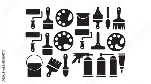 Painting tools icon set with rollers brushes and spray equipment black silhouette vector collection isolated on white