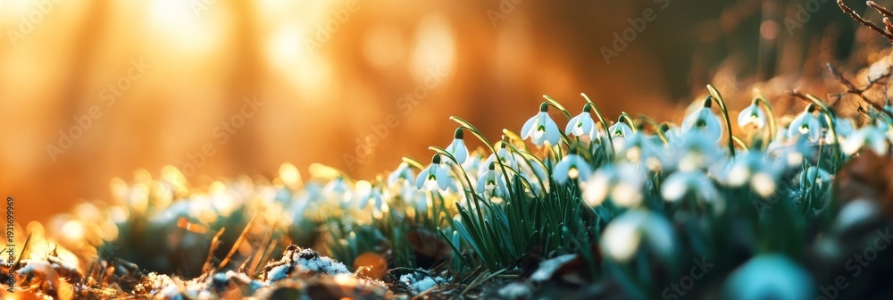 Fototapeta premium Blooming snowdrops in a winter forest with morning sun and bokeh in early spring for March 8 and Easter themes