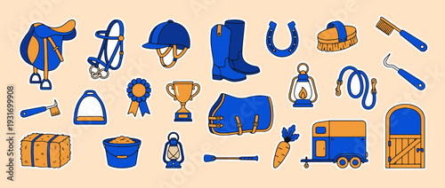 Equestrian essentials: A collection of meticulously illustrated equestrian equipment and tools, representing the essential elements for riding, competition, and horse care. 