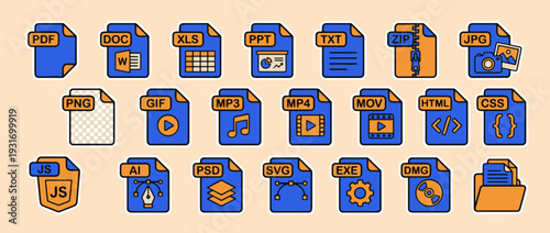File Type Variety: A vibrant array of file type icons, each meticulously designed to represent various digital formats, showcasing versatility and organization.