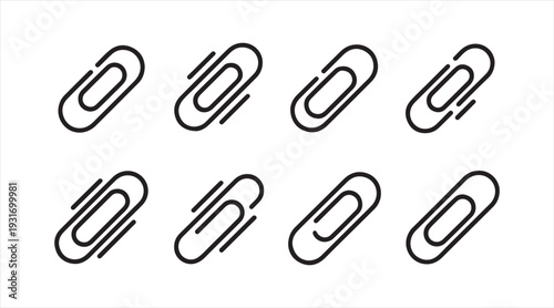Paperclip icon set with different paper clip styles black outline vector collection isolated on white background