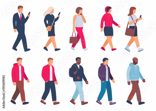 Diverse group of people walking and using smartphones in a city