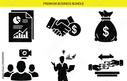 Black vector business icons set including handshake, money bag, document with graph, people with camera, businessman with lightbulb, and money transfer
