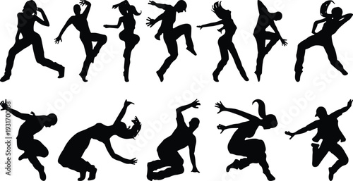 Black Dancer Silhouette Set Featuring Hip Hop Breakdance And Modern Dance Poses Isolated On White Background For Fitness Music And Event