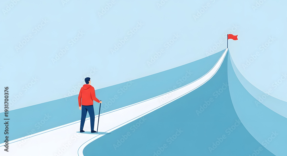 Obraz premium Man with walking stick on path to success with flag on hill