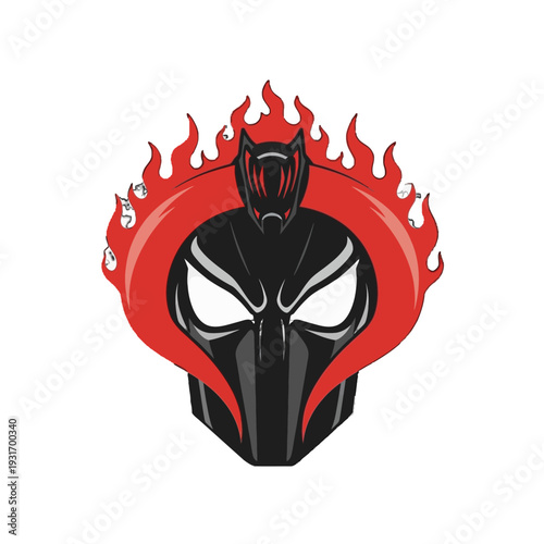 Fiery Ninja Mask Head Mascot with Red Flames for Gaming and Martial Arts Themes on Isolated White Background