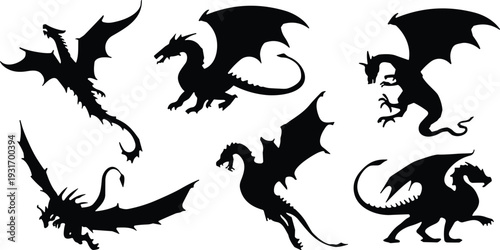 Black Dragon Silhouette Set Featuring Mythical Flying Creatures In Various Action Poses Isolated On White For Fantasy Adventure And Logo